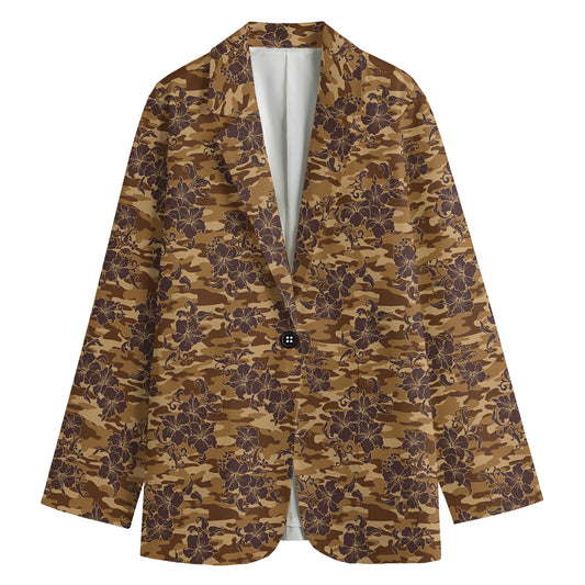 Brown Hawaiian Camo Flower Pattern Print Women's Cotton Blazer