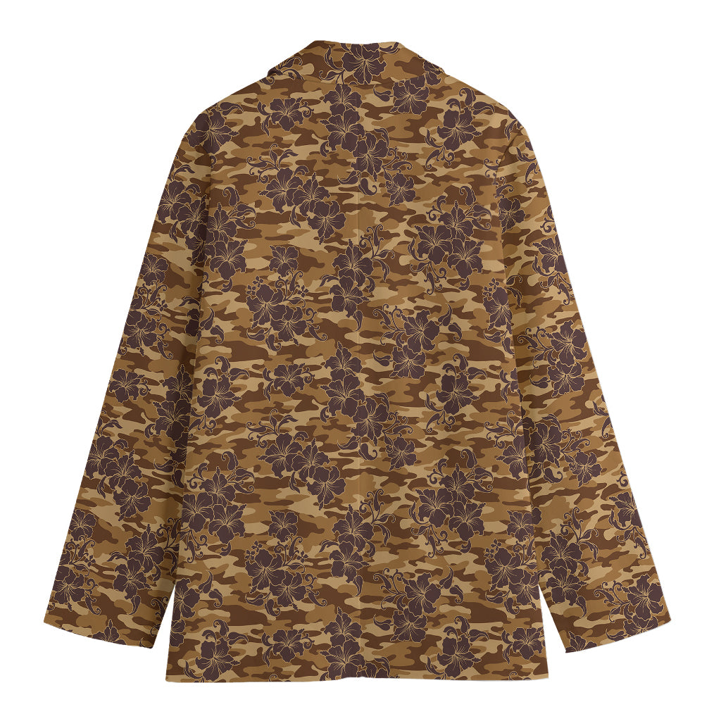Brown Hawaiian Camo Flower Pattern Print Women's Cotton Blazer