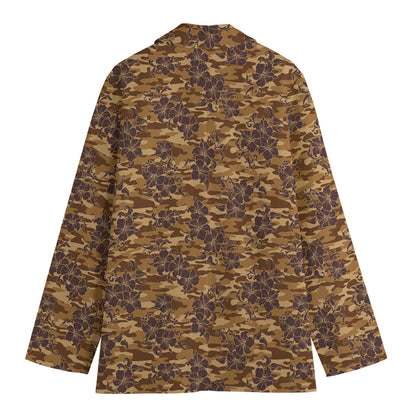 Brown Hawaiian Camo Flower Pattern Print Women's Cotton Blazer