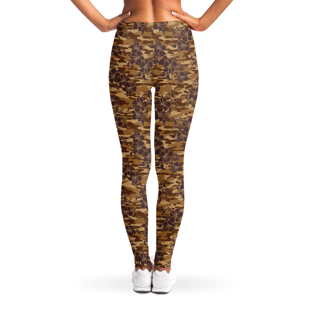 Brown Hawaiian Camo Flower Pattern Print Women's Leggings