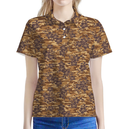 Brown Hawaiian Camo Flower Pattern Print Women's Polo Shirt