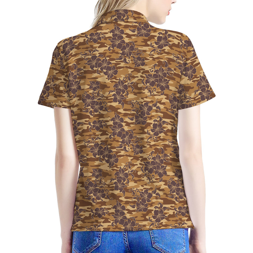 Brown Hawaiian Camo Flower Pattern Print Women's Polo Shirt