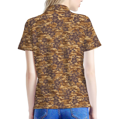 Brown Hawaiian Camo Flower Pattern Print Women's Polo Shirt