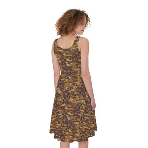 Brown Hawaiian Camo Flower Pattern Print Women's Sleeveless Dress