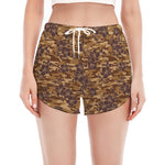 Brown Hawaiian Camo Flower Pattern Print Women's Split Running Shorts