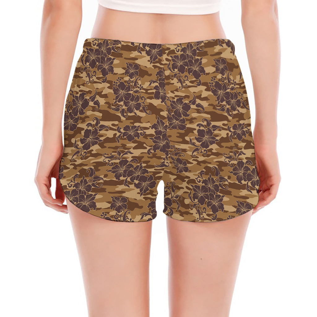 Brown Hawaiian Camo Flower Pattern Print Women's Split Running Shorts