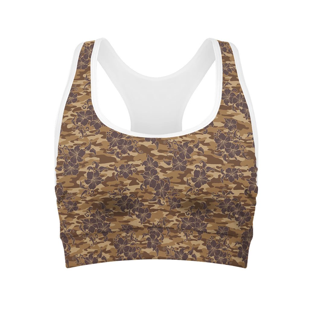 Brown Hawaiian Camo Flower Pattern Print Women's Sports Bra