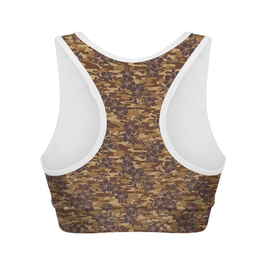 Brown Hawaiian Camo Flower Pattern Print Women's Sports Bra