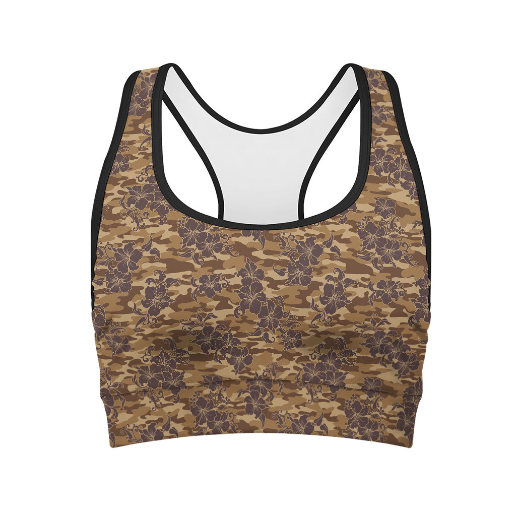 Brown Hawaiian Camo Flower Pattern Print Women's Sports Bra