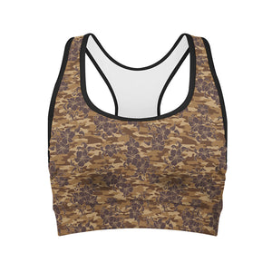 Brown Hawaiian Camo Flower Pattern Print Women's Sports Bra