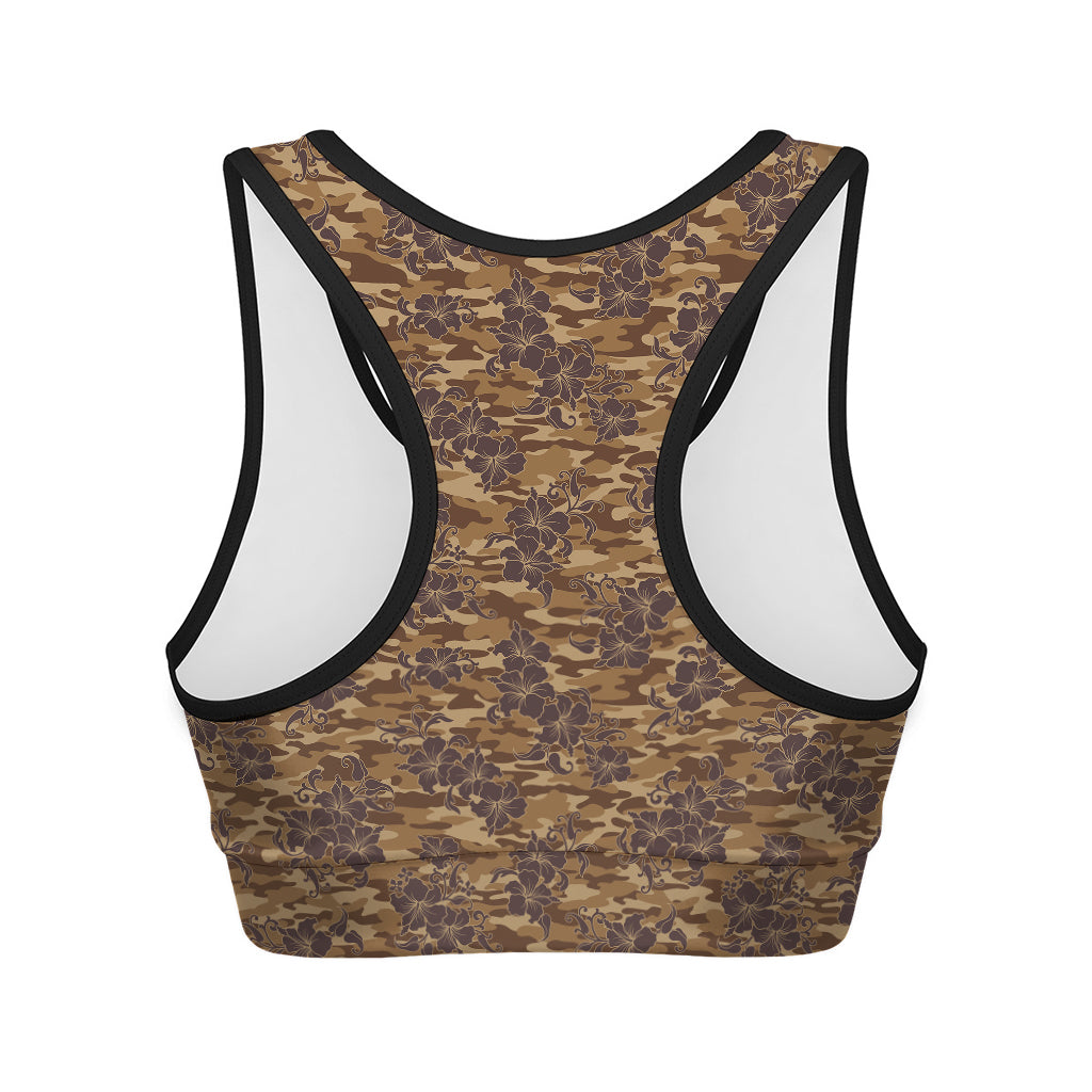 Brown Hawaiian Camo Flower Pattern Print Women's Sports Bra