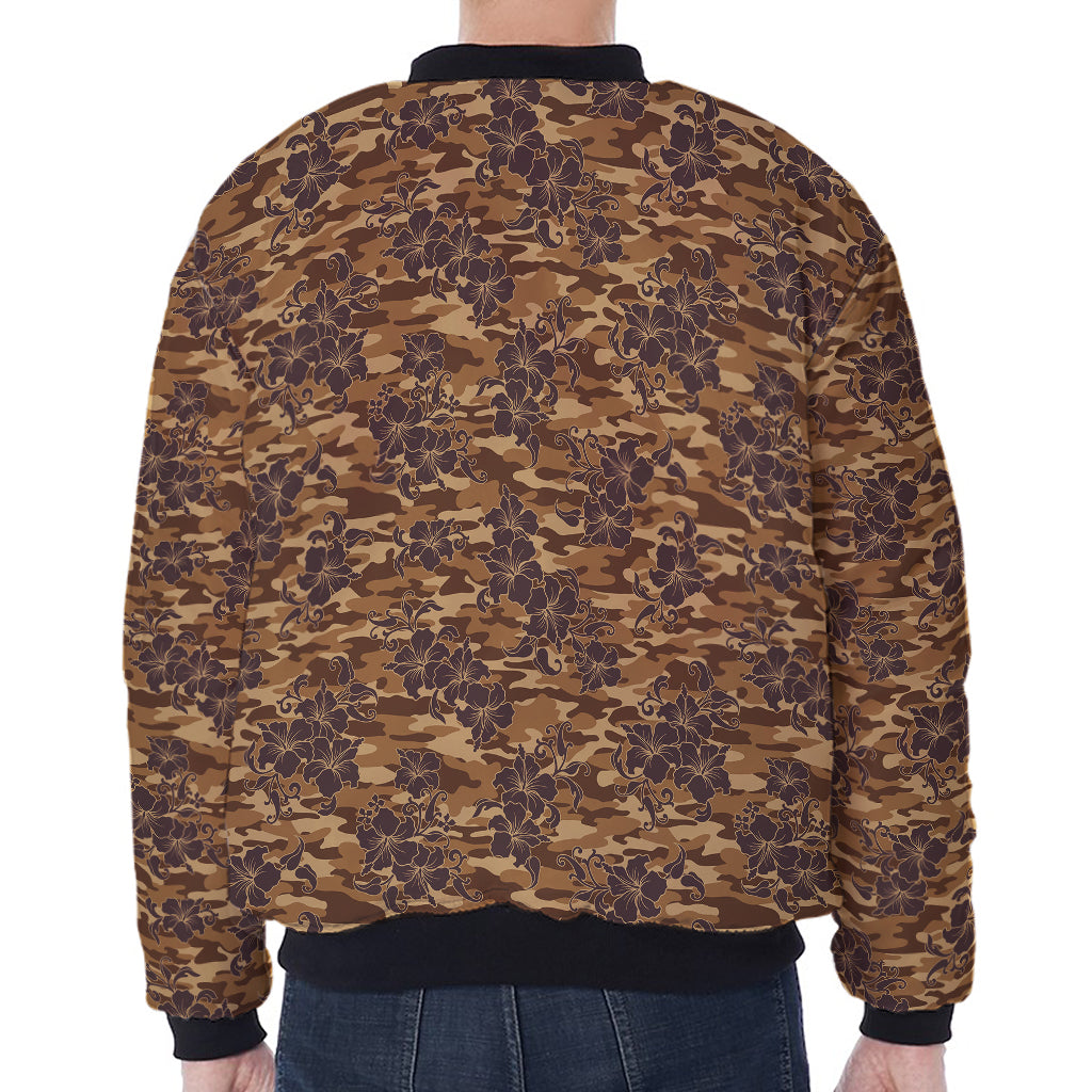 Brown Hawaiian Camo Flower Pattern Print Zip Sleeve Bomber Jacket