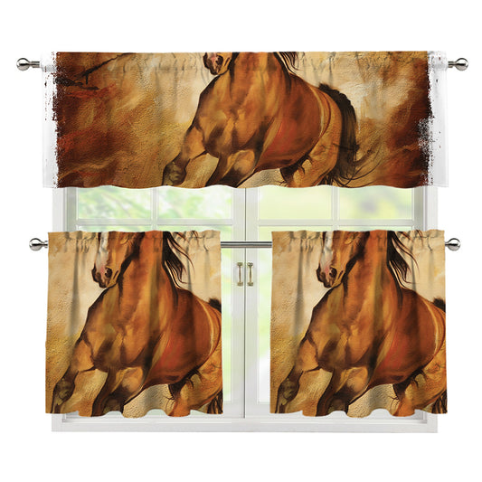 Brown Horse Painting Print 3 Piece Kitchen Curtains