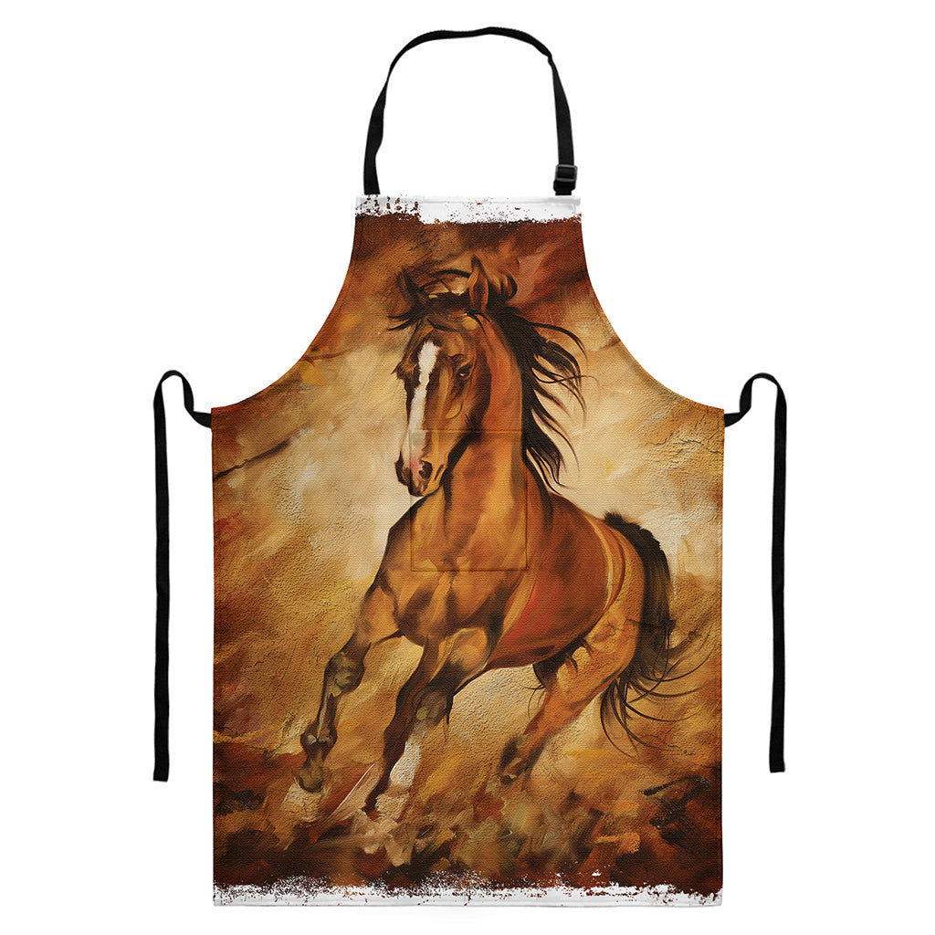 Brown Horse Painting Print Bib Apron With Pocket