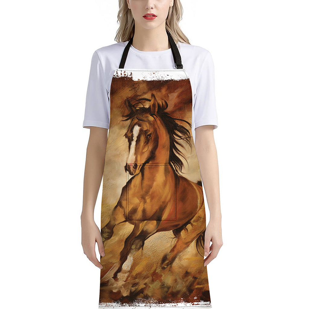 Brown Horse Painting Print Bib Apron With Pocket