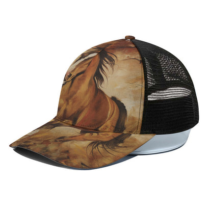 Brown Horse Painting Print Black Mesh Trucker Cap