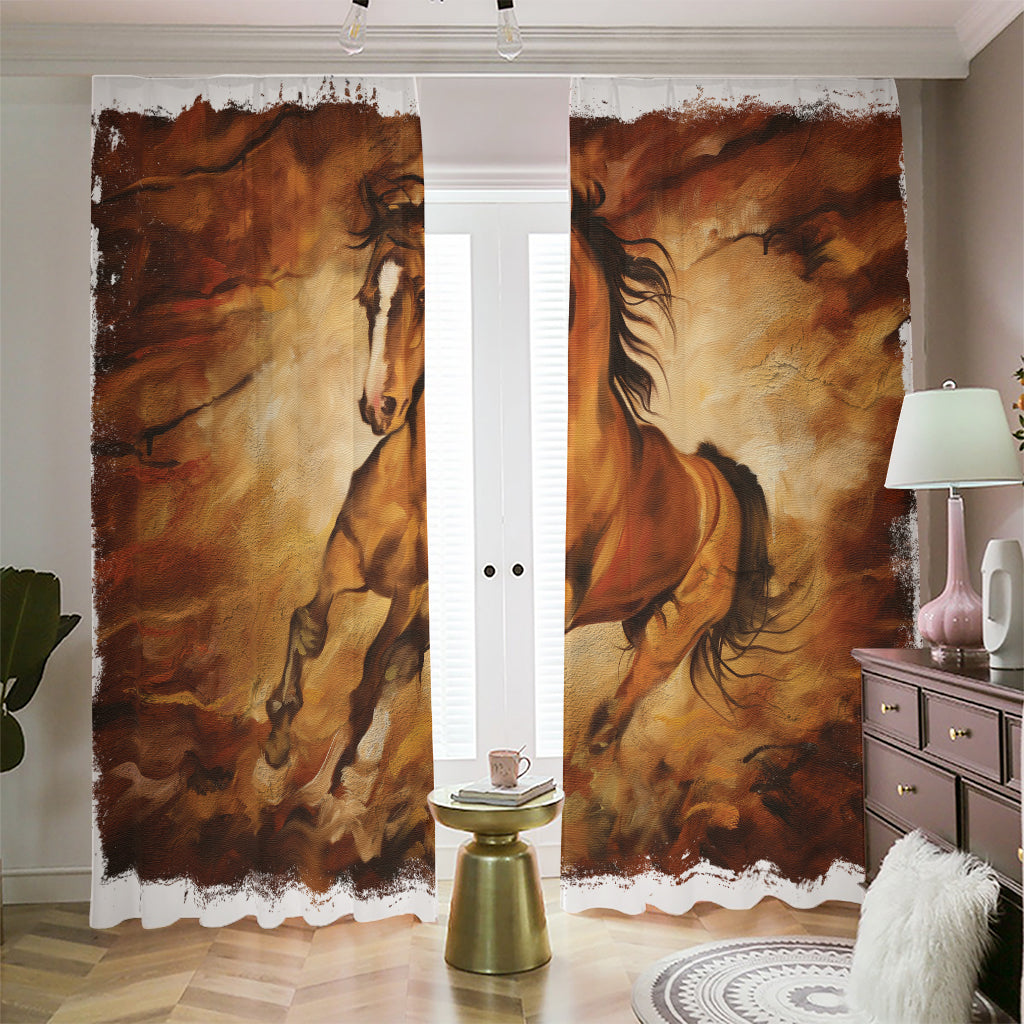 Brown Horse Painting Print Blackout Pencil Pleat Curtains