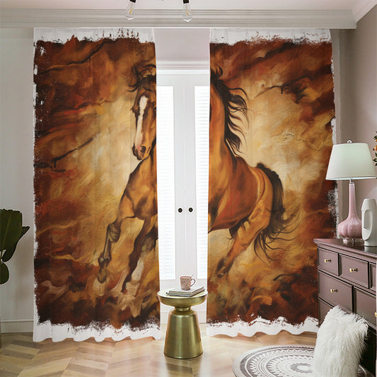 Brown Horse Painting Print Blackout Pencil Pleat Curtains