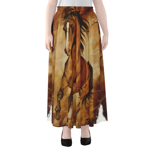 Brown Horse Painting Print Chiffon Maxi Skirt