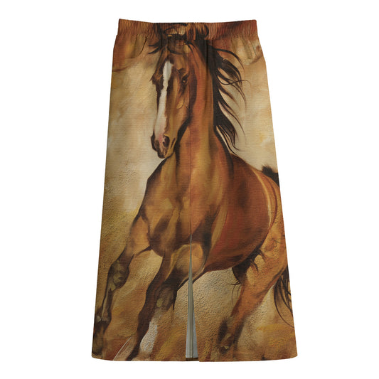 Brown Horse Painting Print Cotton Front Slit Maxi Skirt