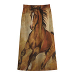 Brown Horse Painting Print Cotton Front Slit Maxi Skirt