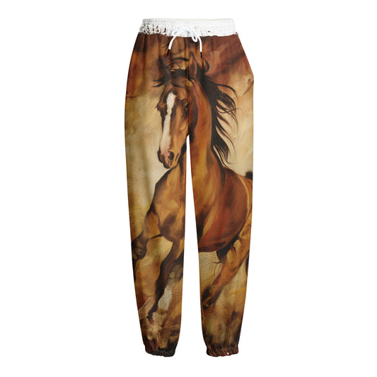 Brown Horse Painting Print Fleece Lined Knit Pants