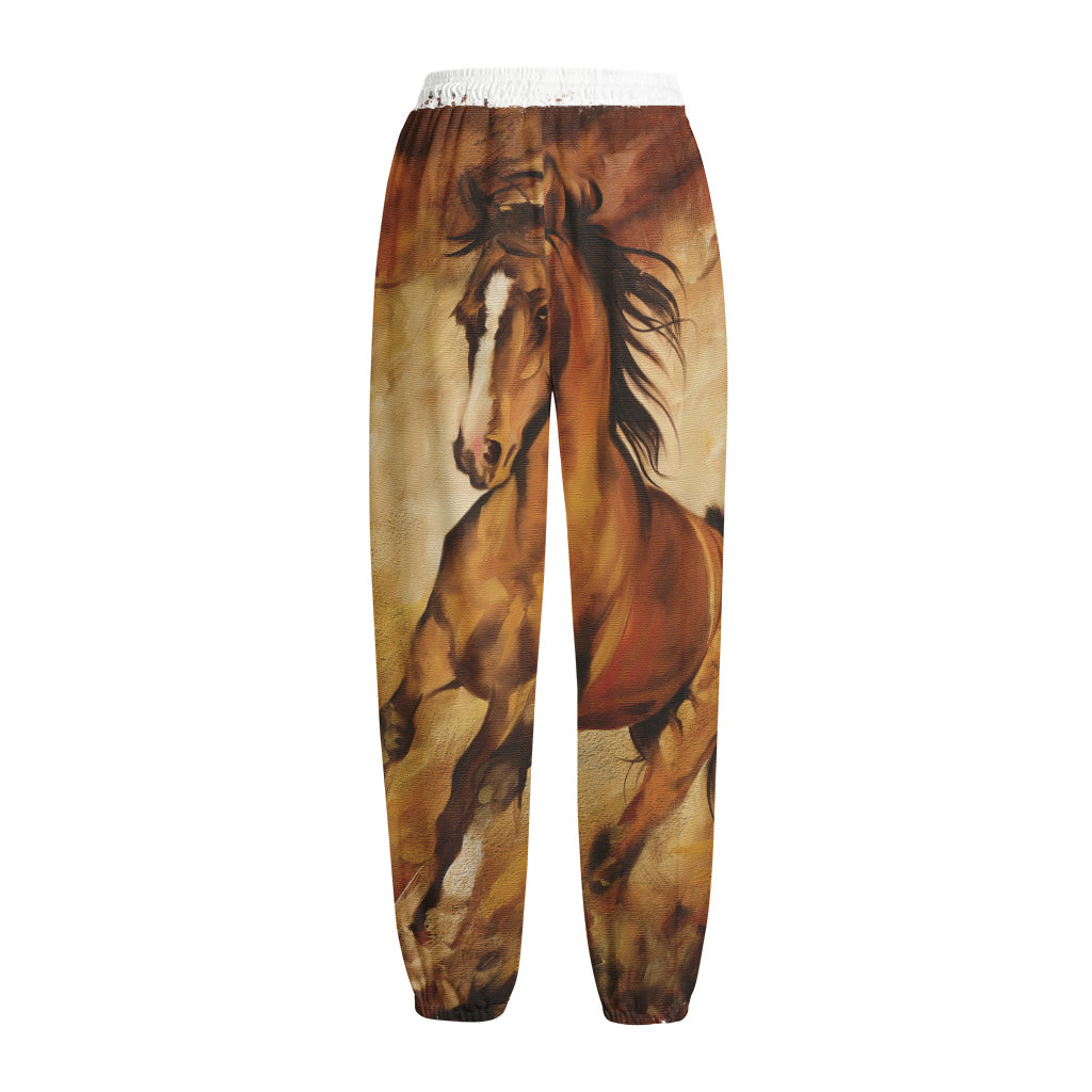 Brown Horse Painting Print Fleece Lined Knit Pants