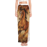 Brown Horse Painting Print High Slit Maxi Skirt