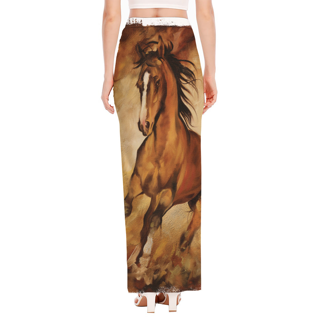 Brown Horse Painting Print High Slit Maxi Skirt