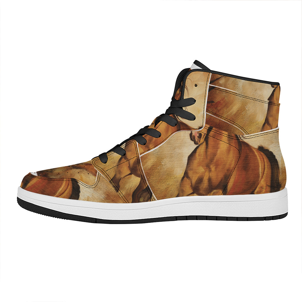 Brown Horse Painting Print High Top Leather Sneakers