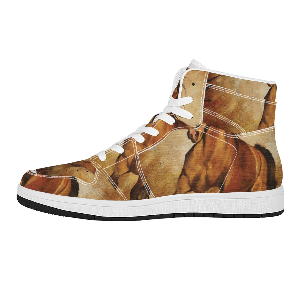 Brown Horse Painting Print High Top Leather Sneakers