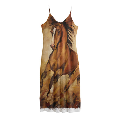 Brown Horse Painting Print Jersey Midi Cami Dress