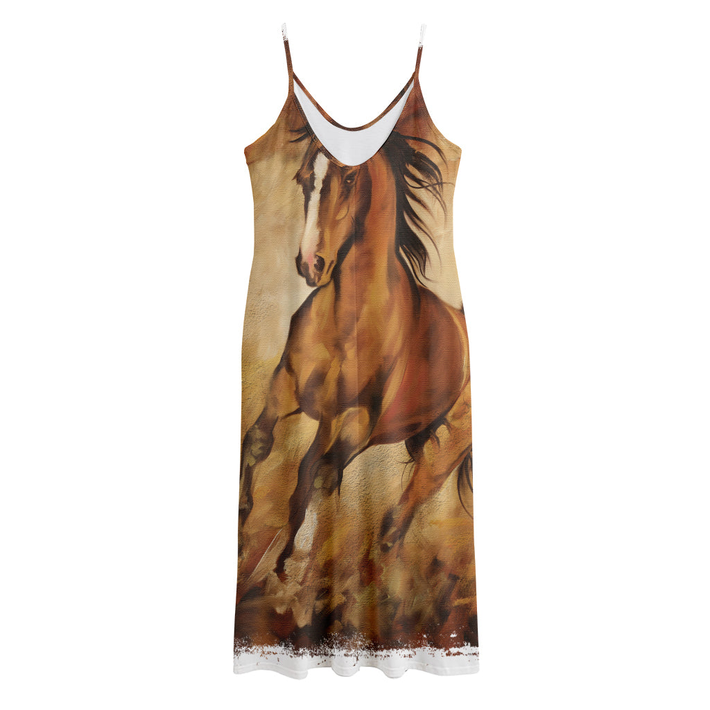 Brown Horse Painting Print Jersey Midi Cami Dress