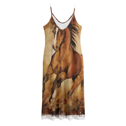 Brown Horse Painting Print Jersey Midi Cami Dress