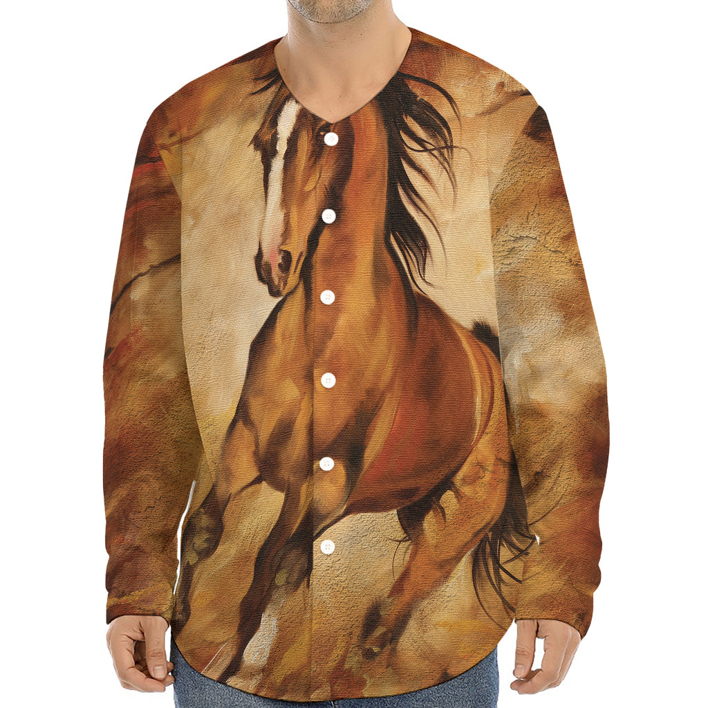 Brown Horse Painting Print Long Sleeve Baseball Jersey