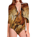Brown Horse Painting Print Long Sleeve Swimsuit
