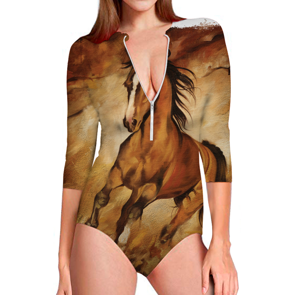 Brown Horse Painting Print Long Sleeve Swimsuit