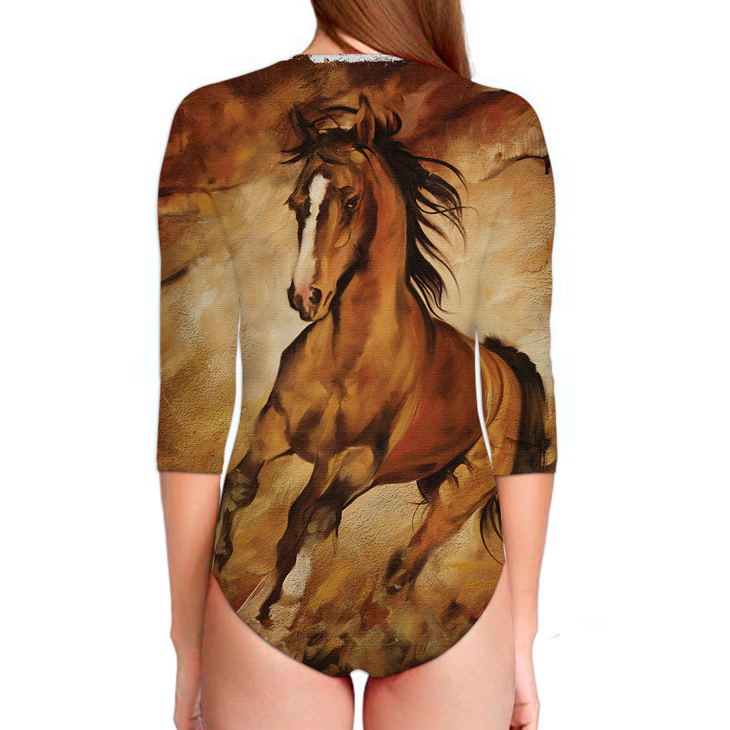 Brown Horse Painting Print Long Sleeve Swimsuit