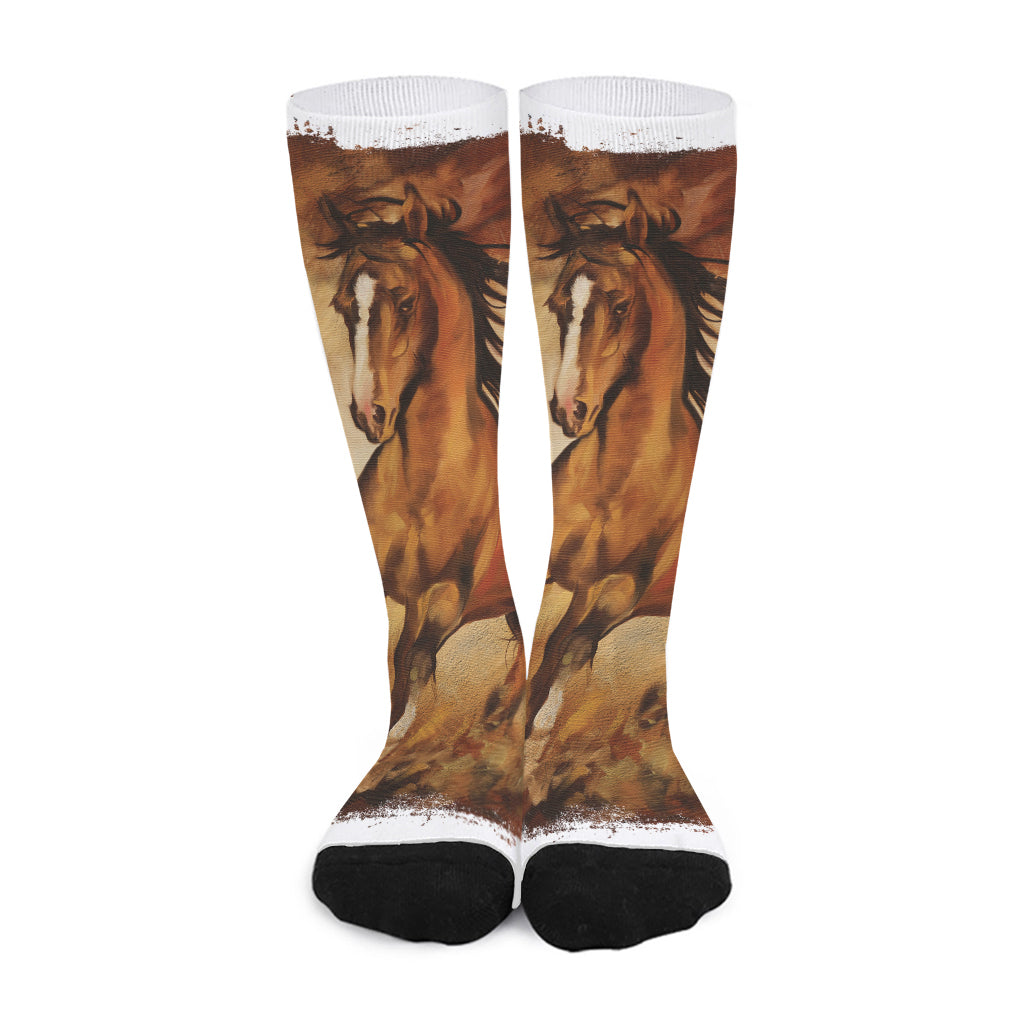 Brown Horse Painting Print Long Socks