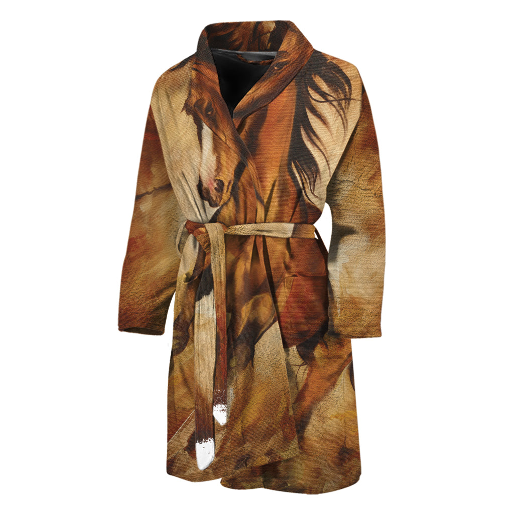 Brown Horse Painting Print Men's Bathrobe
