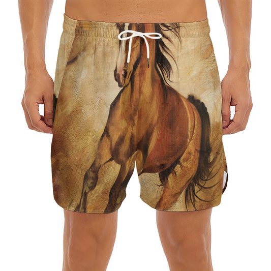Brown Horse Painting Print Men's Split Running Shorts