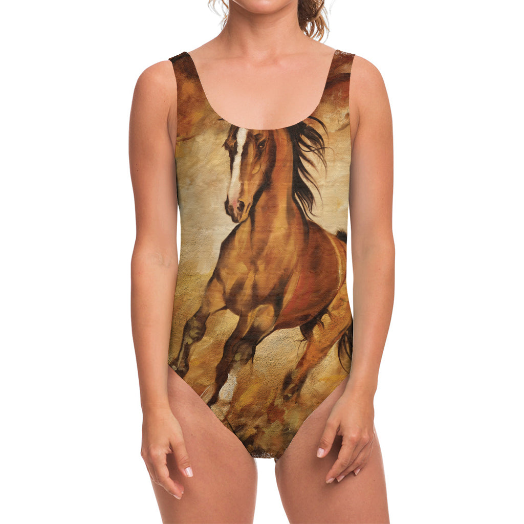 Brown Horse Painting Print One Piece Swimsuit