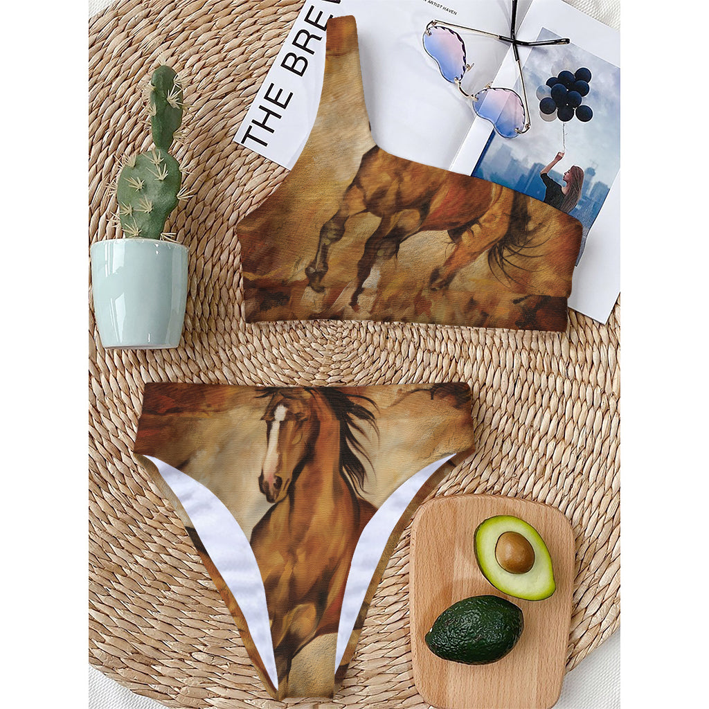 Brown Horse Painting Print One Shoulder Bikini Top