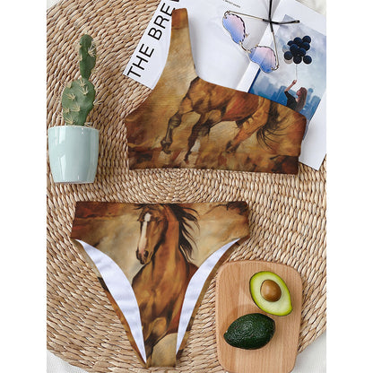 Brown Horse Painting Print One Shoulder Bikini Top