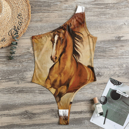 Brown Horse Painting Print One Shoulder Bodysuit