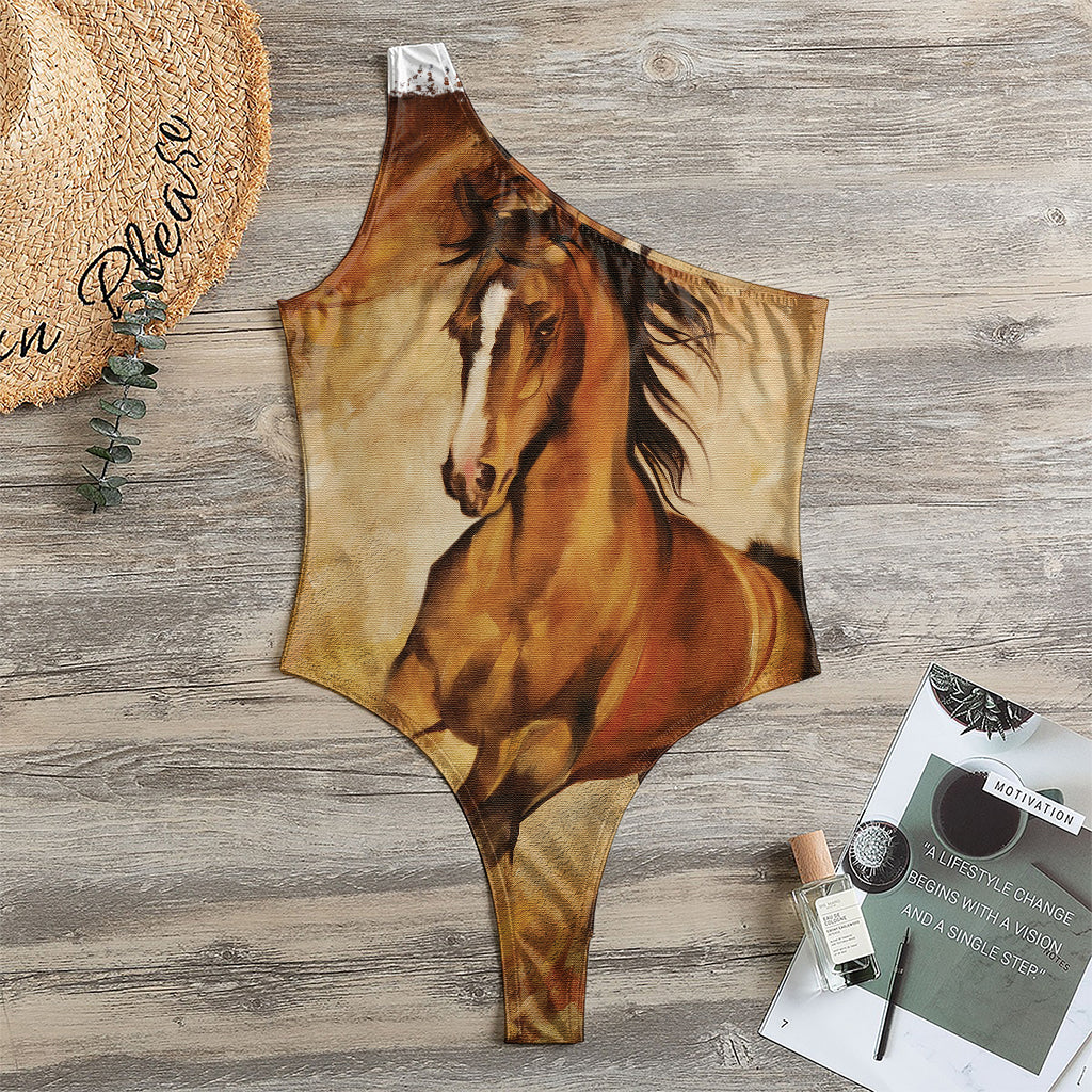 Brown Horse Painting Print One Shoulder Bodysuit