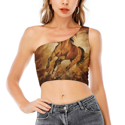 Brown Horse Painting Print One Shoulder Crop Top