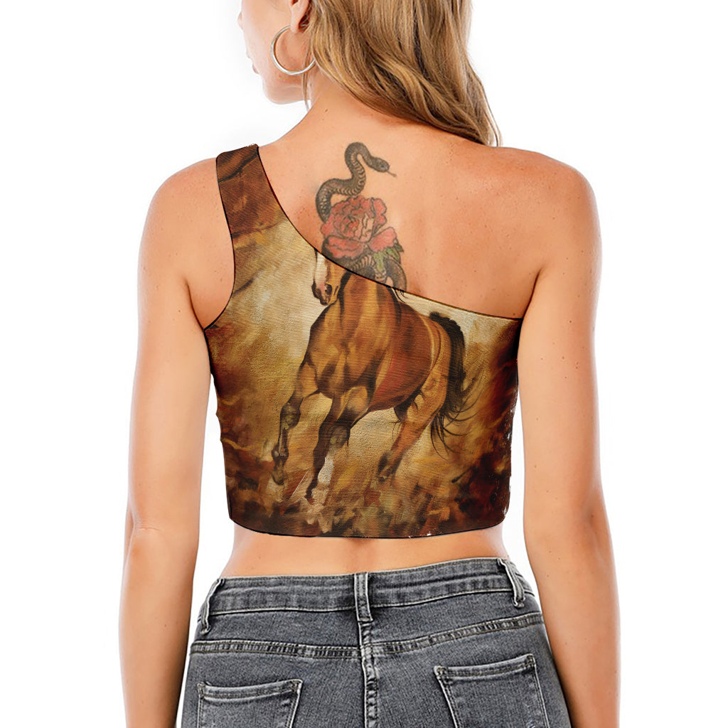 Brown Horse Painting Print One Shoulder Crop Top