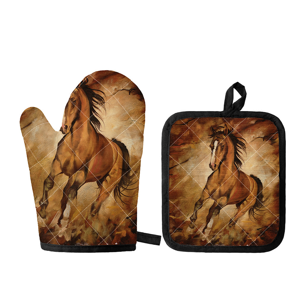 Brown Horse Painting Print Oven Mitt And Pot Holder Set