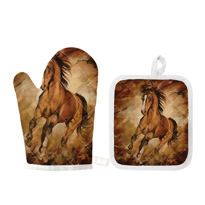 Brown Horse Painting Print Oven Mitt And Pot Holder Set